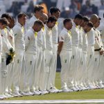 
              Players the Australia cricket teams observe a minute silent to pay tribute to cricket legend Shane Warne prior to start of second day of play of the first cricket test match between Pakistan and Australia at the Pindi Stadium in Rawalpindi, Pakistan, Saturday, March 5, 2022. Warne, widely regarded as one of the greatest players, most astute tacticians and ultimate competitors in the long history of cricket, has died. He was 52. (AP Photo/Anjum Naveed)
            
