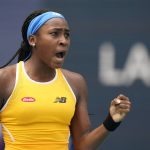 
              Coco Gauff celebrates a point against Wang Qiang of China, during the Miami Open tennis tournament, Friday, March 25, 2022, in Miami Gardens, Fla. (AP Photo/Wilfredo Lee)
            