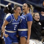 
              Creighton guard Tatum Rembao (2) and guard Payton Brotzki (33) react during the second half of the team's college basketball game against Iowa State in the Sweet 16 round of the NCAA women's tournament in Greensboro, N.C., Friday, March 25, 2022. (AP Photo/Gerry Broome)
            