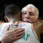 
              San Antonio Spurs coach Gregg Popovich, right, is hugged by guard Dejounte Murray the team's NBA basketball game against the Utah Jazz, Friday, March 11, 2022, in San Antonio. San Antonio won, making Popovich the winningest coach in NBA regular-season history. (AP Photo/Eric Gay)
            