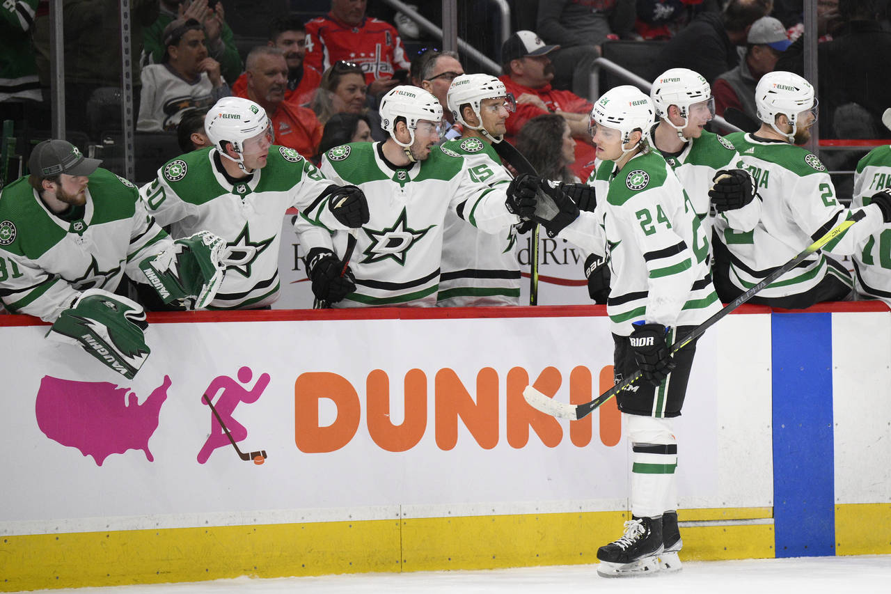Dallas Stars center Roope Hintz (24) celebrates after his goal during the first period of an NHL ho...