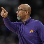
              Phoenix Suns coach Monty Williams gestures during the first half of the team's NBA basketball game against the Denver Nuggets on Thursday, March 24, 2022, in Denver. (AP Photo/David Zalubowski)
            