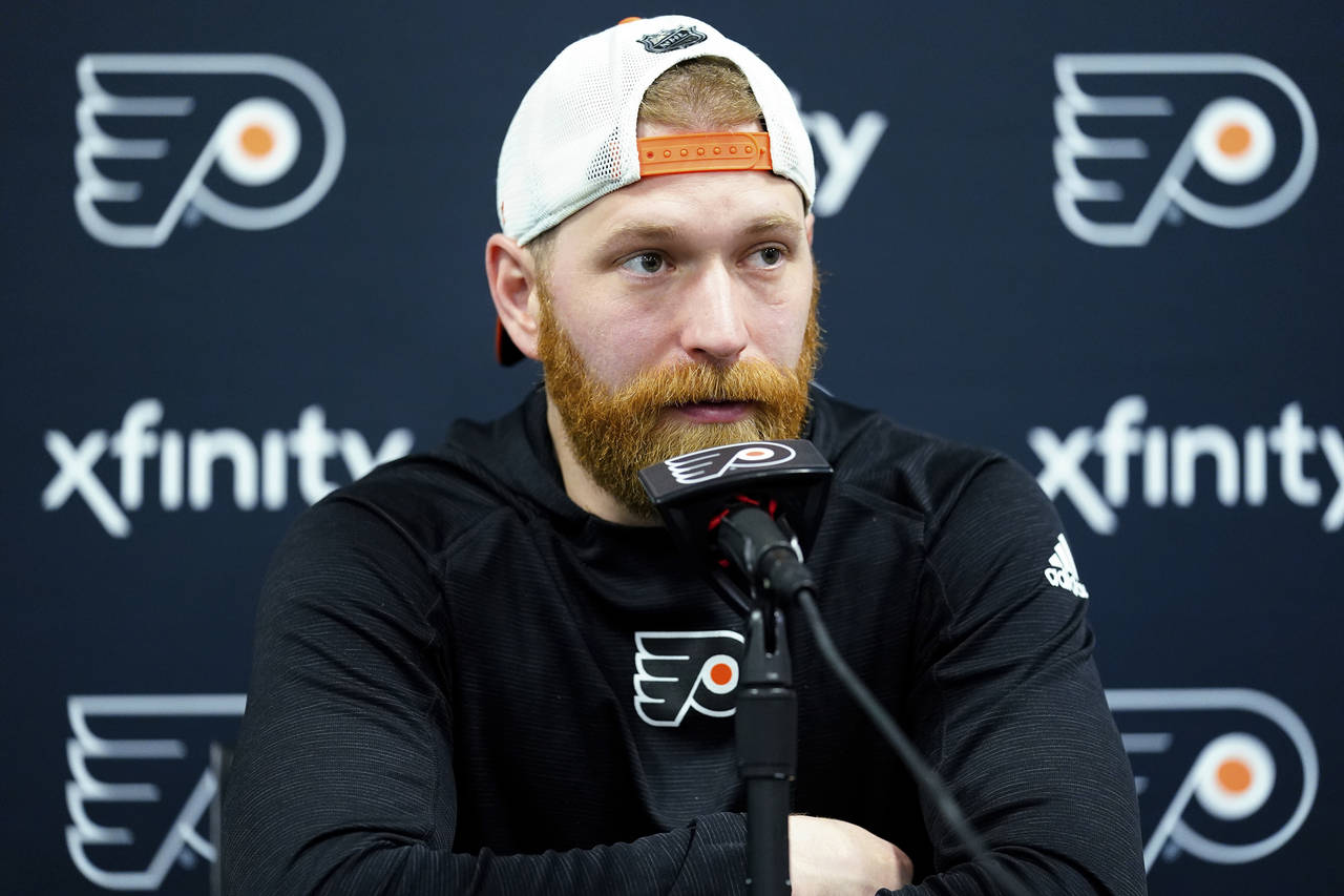 Philadelphia Flyers' Claude Giroux speaks with members of the media during a news conference at the...
