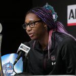 
              South Carolina's Aliyah Boston speaks after receiving the AP Player of the Year award at a news conference at the Women's Final Four NCAA tournament Thursday, March 31, 2022, in Minneapolis. (AP Photo/Eric Gay)
            