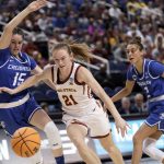 
              Iowa State guard Lexi Donarski (21) drives past Creighton guard Lauren Jensen (15) and guard Tatum Rembao (2) during the first half of a college basketball game in the Sweet 16 round of the NCAA women's tournament in Greensboro, N.C., Friday, March 25, 2022. (AP Photo/Gerry Broome)
            