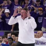 
              Kansas head coach Bill Self reacts to play against TUC in the second half of an NCAA college basketball game in Fort Worth, Texas, Tuesday, March 1, 2022. (AP Photo/Tony Gutierrez)
            