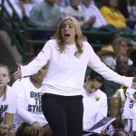 
              Baylor head coach Nicki Collen reacts to a play in the second half of an NCAA college basketball game against Kansas, Saturday, Feb. 26, 2022, in Waco, Texas. (AP Photo/Rod Aydelotte)
            