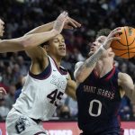 
              Saint Mary's Logan Johnson (0) shoots against Gonzaga's Rasir Bolton (45) during the second half of an NCAA college basketball championship game at the West Coast Conference tournament Tuesday, March 8, 2022, in Las Vegas. (AP Photo/John Locher)
            