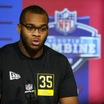 
              Alabama offensive lineman Evan Neal speaks during a press conference at the NFL football scouting combine in Indianapolis, Thursday, March 3, 2022. (AP Photo/Michael Conroy)
            