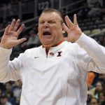 
              Illinois head coach Brad Underwood disagrees with a call during the first half of a college basketball game against Houston in the second round of the NCAA tournament in Pittsburgh, Sunday, March 20, 2022. (AP Photo/Gene J. Puskar)
            