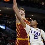 
              Iowa State's Aljaz Kunc blocks the shot of LSU's Eric Gaines during the first half of a first round NCAA college basketball tournament game Friday, March 18, 2022, in Milwaukee. (AP Photo/Morry Gash)
            