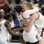 
              North Carolina State center Elissa Cunane, right, and guard Raina Perez (2) celebrate following an NCAA college basketball championship game against Miami at the Atlantic Coast Conference women's tournament in Greensboro, N.C., Sunday, March 6, 2022. (AP Photo/Gerry Broome)
            