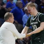 
              Michigan State forward Joey Hauser shakes hands with head coach Tom Izzo as he leaves the court during their loss against Duke in a college basketball game in the second round of the NCAA tournament on Sunday, March 20, 2022, in Greenville, S.C. (AP Photo/Chris Carlson)
            