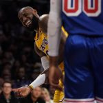 
              Los Angeles Lakers forward LeBron James (6) reacts after a foul call during the first half of an NBA basketball game against the Golden State Warriors in Los Angeles, Saturday, March 5, 2022. (AP Photo/Ashley Landis)
            