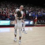 
              Stanford's Lexie Hull, top, celebrates with teammate Francesca Belibi after a victory over Kansas in a second-round game in the NCAA women's college basketball tournament Sunday, March 20, 2022, in Stanford, Calif. AP Photo/Tony Avelar)
            