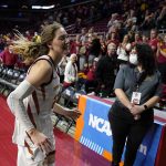 
              Iowa State guard Ashley Joens runs off the court after a first-round game against Texas-Arlington in the NCAA women's college basketball tournament, Friday, March 18, 2022, in Ames, Iowa. Iowa State won 78-71. (AP Photo/Charlie Neibergall)
            