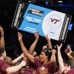 
              Virginia Tech celebrates after winning the NCAA college basketball championship game against Duke in the Atlantic Coast Conference men's tournament, Saturday, March 12, 2022, in New York. Virginia Tech won, 82-67. (AP Photo/John Minchillo)
            