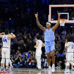 
              North Carolina's Armando Bacot reacts after North Carolina won a college basketball game against UCLA in the Sweet 16 round of the NCAA tournament, Friday, March 25, 2022, in Philadelphia. (AP Photo/Matt Rourke)
            