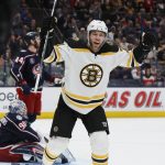 
              Boston Bruins' Taylor Hall celebrates a goal against the Columbus Blue Jackets during the third period of an NHL hockey game Saturday, March 5, 2022, in Columbus, Ohio. (AP Photo/Jay LaPrete)
            