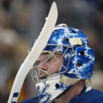 
              Toronto Maple Leafs goaltender Jack Campbell pauses after giving up a goal to the Vancouver Canucks during the first period of an NHL hockey game Saturday, March 5, 2022, in Toronto. (Frank Gunn/The Canadian Press via AP)
            