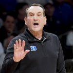 
              Duke head coach Mike Krzyzewski works the bench in the first half of an NCAA college basketball game against Syracuse during quarterfinals of the Atlantic Coast Conference men's tournament, Thursday, March 10, 2022, in New York. (AP Photo/John Minchillo)
            