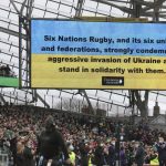 
              An electronic screen displays a message from the Six Nations Rugby in support of Ukraine, ahead of the rugby union match between Ireland and Italy at the Aviva Stadium in Dublin, Ireland, Sunday, Feb. 27, 2022. (AP Photo/Peter Morrison)
            