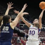 
              Kansas forward Ioanna Chatzileonti (10) shoots over Georgia Tech center Nerea Hermosa (20) during the first half of a first-round game in the NCAA women's college basketball tournament Friday, March 18, 2022, in Stanford, Calif. (AP Photo/Tony Avelar)
            