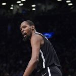
              Brooklyn Nets' Kevin Durant reacts during the second half of the NBA basketball game against the New York Knicks at the Barclays Center, Sunday, Mar. 13, 2022, in New York. The Nets defeated the Knicks 110-107. (AP Photo/Seth Wenig)
            