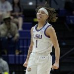 
              LSU guard Jailin Cherry celebrates a basket against Jackson State in the first half of a women's college basketball game in the first round of an NCAA tournament, Saturday, March 19, 2022, in Baton Rouge, La. (AP Photo/Matthew Hinton)
            