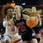 
              Utah guard Dru Gylten (10) drives past Texas guard Rori Harmon (3) during the first half of a college basketball game in the second round of the NCAA women's tournament, Sunday, March 20, 2022, in Austin, Texas. (AP Photo/Eric Gay)
            