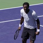 
              Gael Monfils, of France, celebrates after defeating Daniil Medvedev, of Russia, at the BNP Paribas Open tennis tournament Monday, March 14, 2022, in Indian Wells, Calif. (AP Photo/Mark J. Terrill)
            
