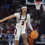 
              South Carolina guard Destanni Henderson directs teammates during the first half of a first-round game against Howard in the NCAA women's college basketball tournament Friday, March 18, 2022 in Columbia, S.C. (AP Photo/Sean Rayford)
            