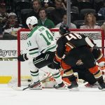 
              Dallas Stars left wing Jamie Benn (14) scores during overtime of an NHL hockey game against the Anaheim Ducks in Anaheim, Calif., Thursday, March 31, 2022. The Stars won 3-2. (AP Photo/Ashley Landis)
            