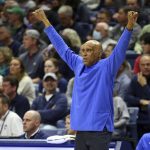 
              DePaul head coach Tony Stubblefield gestures to his team during the first half of an NCAA college basketball game against Connecticut Saturday, March 5, 2022, in Storrs, Conn. (AP Photo/Stew Milne)
            