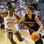 
              Princeton guard Kaitlyn Chen (20) drives on Indiana guard Chloe Moore-McNeil (22) in the first half of a college basketball game in the second round of the NCAA tournament in Bloomington, Ind., Monday, March 21, 2022. (AP Photo/Michael Conroy)
            
