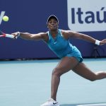 
              Sloane Stephens returns a shot from Jessica Pegula, during the Miami Open tennis tournament, Friday, March 25, 2022, in Miami Gardens, Fla. (AP Photo/Wilfredo Lee)
            