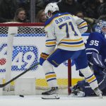 
              Buffalo Sabres forward Victor Olofsson (71) scores past Toronto Maple Leafs goaltender Petr Mrazek (35) during the second period of an NHL hockey game Wednesday, March 2, 2022 in Toronto. (Nathan Denette/The Canadian Press via AP)
            