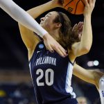 
              Villanova forward Maddy Siegrist (20) looks to shoot as BYU defends during the first half of a college basketball game in the first round of the NCAA tournament, Saturday, March 19, 2022, in Ann Arbor, Mich. (AP Photo/Carlos Osorio)
            