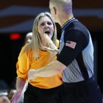 
              Tennessee head coach Kellie Harper yells at an official during the second half of a college basketball game against Buffalo in the first round of the NCAA Tournament, Saturday, March 19, 2022, in Knoxville, Tenn. (AP Photo/Wade Payne)
            