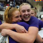 
              Albany's Grace Heeps, left, and Ellen Hahne celebrate after the team's win over Maine in an NCAA college basketball game for the America East Conference women's tournament championship Friday, March 11, 2022, at Orono, Maine. (AP Photo/Robert F. Bukaty)
            
