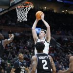 
              Gonzaga forward Drew Timme, center, shoots as Georgia State's Ja'Heim Hudson (15) defends during the second half of a first round NCAA college basketball tournament game, Thursday, March 17, 2022, in Portland, Ore. (AP Photo/Craig Mitchelldyer)
            