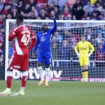 
              Chelsea's Romelu Lukaku celebrates after scoring his side's first goalduring the English FA Cup quarter final soccer match between Middlesbrough and Chelsea at the Riverside Stadium, in Middlesbrough, England, Saturday March 19, 2022. (AP Photo/Jon Super)
            