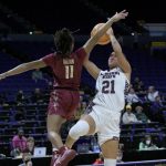 
              Missouri State guard Sydney Wilson (21) shoots against Florida State guard O'Mariah Gordon (11) during the first half of a First Four game in the NCAA women's college basketball tournament Thursday, March 17, 2022, in Baton Rouge, La. (AP Photo/Matthew Hinton)
            