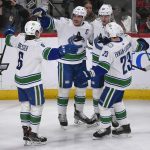 
              Vancouver Canucks center Bo Horvat, second from left, celebrates with right wing Brock Boeser (6), center Elias Pettersson, second from right, and defenseman Oliver Ekman-Larsson (23) after Horvat scored a goal against the Minnesota Wild during the first period of an NHL hockey game Thursday, March 24, 2022, in St. Paul, Minn. (AP Photo/Craig Lassig)
            