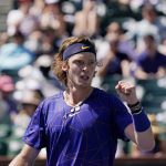 
              Andrey Rublev, of Russia, reacts during a match against Grigor Dimitrov, of Bulgaria, at the BNP Paribas Open tennis tournament Friday, March 18, 2022, in Indian Wells, Calif. (AP Photo/Mark J. Terrill)
            