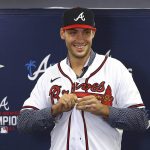 
              Atlanta Braves baseball team newly acquired All-Star first baseman Matt Olson smiles during an introductory press conference in North Port, Fla., Tuesday, March 15, 2022. The Braves signed Olson to a $168 million, eight-year contract.(Curtis ComptonAtlanta Journal-Constitution via AP)
            