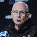 
              Miami head coach Jim Larranaga speaks during a news conference at the NCAA men's college basketball tournament Thursday, March 24, 2022, in Chicago. Miami faces Iowa State in a Sweet 16 game on Friday. (AP Photo/Nam Y. Huh)
            