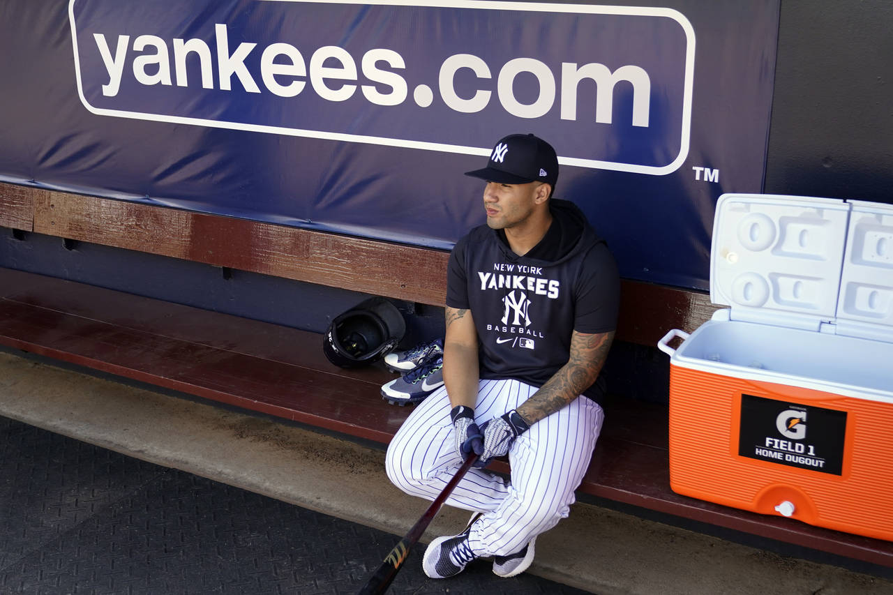 New York Yankees infielder Gleyber Torres waits in the dugout for batting practice to start during ...