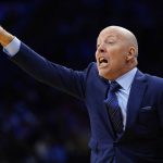 
              UCLA head coach Mick Cronin reacts during the first half of a college basketball game against North Carolina in the Sweet 16 round of the NCAA tournament, Friday, March 25, 2022, in Philadelphia. (AP Photo/Chris Szagola)
            