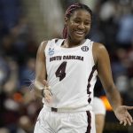 
              South Carolina forward Aliyah Boston reacts following a college basketball game against North Carolina in the Sweet 16 round of the NCAA women's tournament in Greensboro, N.C., Friday, March 25, 2022. (AP Photo/Gerry Broome)
            
